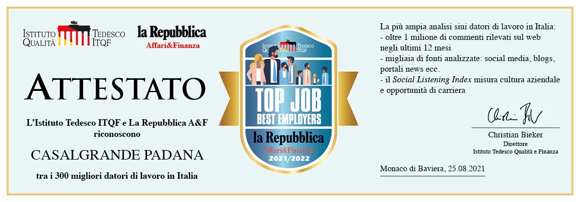 Casalgrande Padana obtains the Top Job 2021-22 seal
