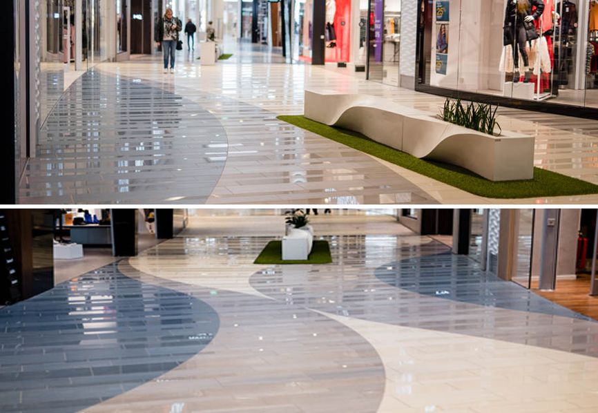 A colourful marble-effect stoneware carpet: Hallarna shopping centre
